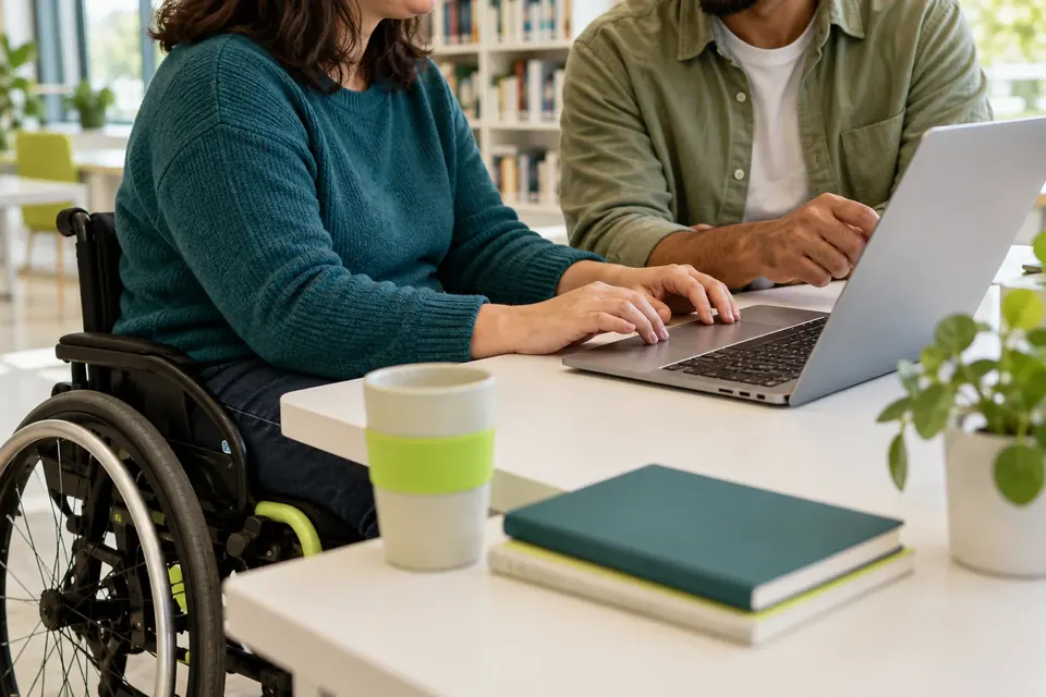 Person im Rollstuhl arbeitet an einem hellen Tisch am Laptop, daneben eine zweite Person
