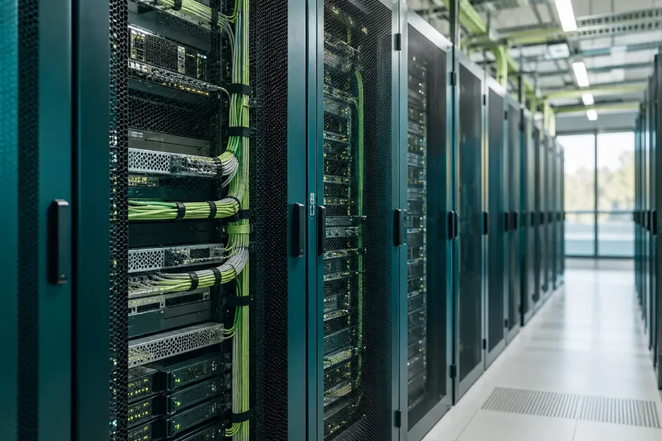 Serverschränke in einem Rechenzentrum als Symbol für leistungsstarkes Hosting